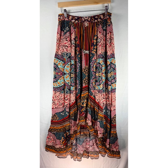 Bhanuni By Jyoti Dresses & Skirts - Boho Mixed Print High Low Maxi Skirt with Embroidered Beaded Waistband Viscose